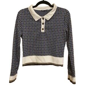 ZARA Women's Polo Black/ Blue Geometric Collared Button Shirt Size/ Medium
